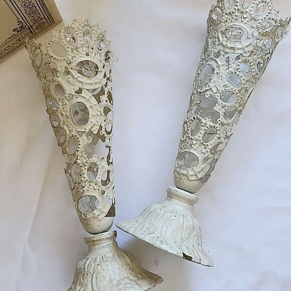Pair Of Metal French Country Style Beaded Cone Open Metal Vases Coquette Bridal - Picture 1 of 8